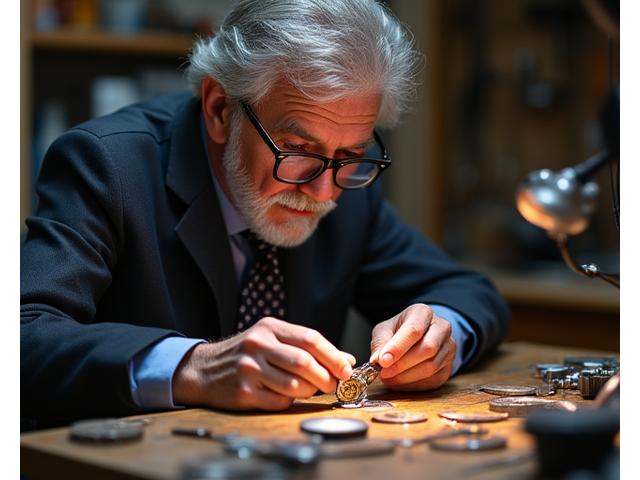 Portrait of an experienced male master horologist meticulously inspecting a watch movement with specialized tools under a magnifying glass, in a well-lit workshop.