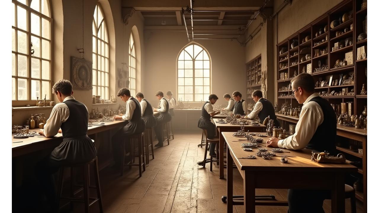 Vintage photograph of a bustling 19th-century Swiss watchmaking workshop, showing craftsmen at work.
