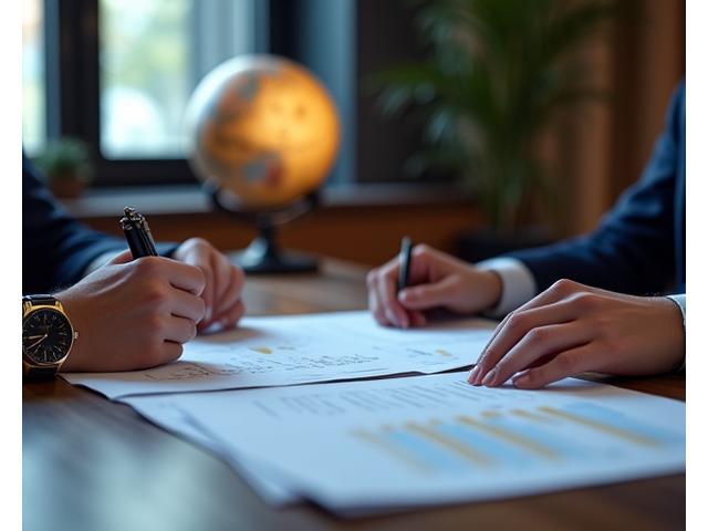 Sophisticated office environment with a professional reviewing international legal documents related to luxury goods, with a globe and fine watch details subtly in the background.