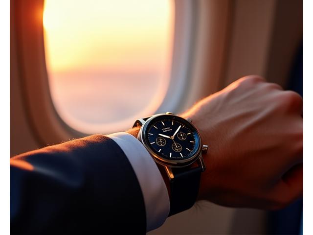 Luxury smartwatch displaying multiple time zones and travel itinerary on an elegant interface