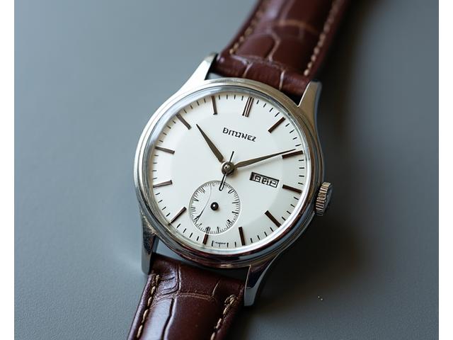 A polished stainless steel watch from the 1950s with a simple, elegant dial and a brown leather strap.