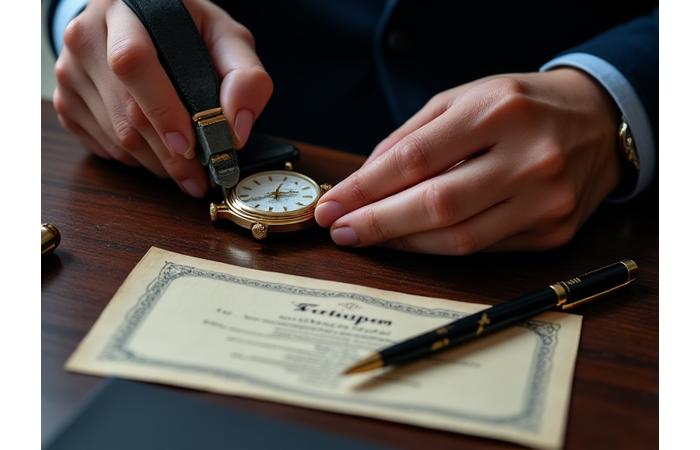 Close-up of a vintage luxury watch dial being examined under a jeweler's loupe, with official documents and a certificate nearby.